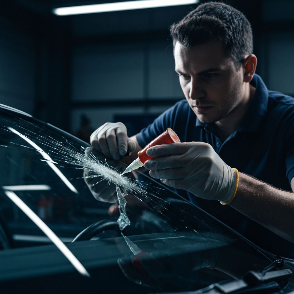 Technician repairing a windshield